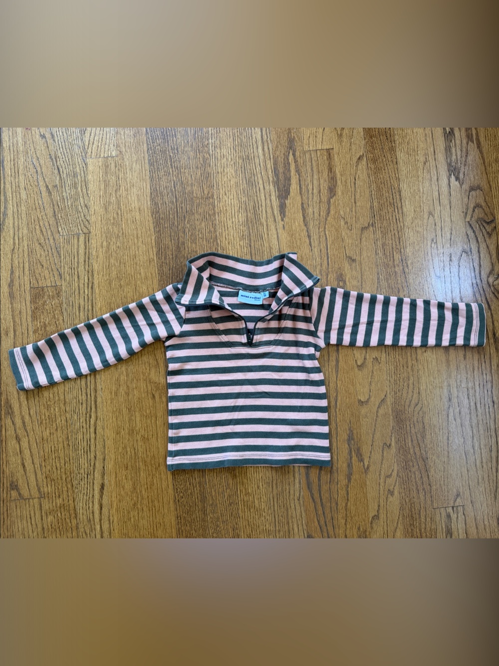 Mini Rodini Striped Long-Sleeve quarter zip Polo Top in light pink & grey- brown